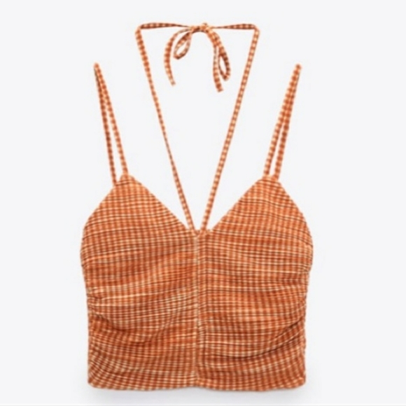 Zara Tops - New ZARA Gingham Plaid Checked Cropped Halter Top Ruched Burnt Orange Medium